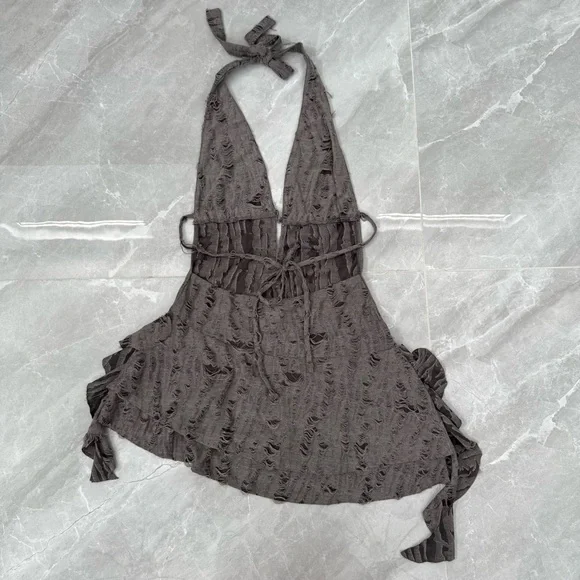 Women’s Edikted Shredded Backless Halter Mini Dress Deep V-Neck Grunge Small - Picture 8 of 16